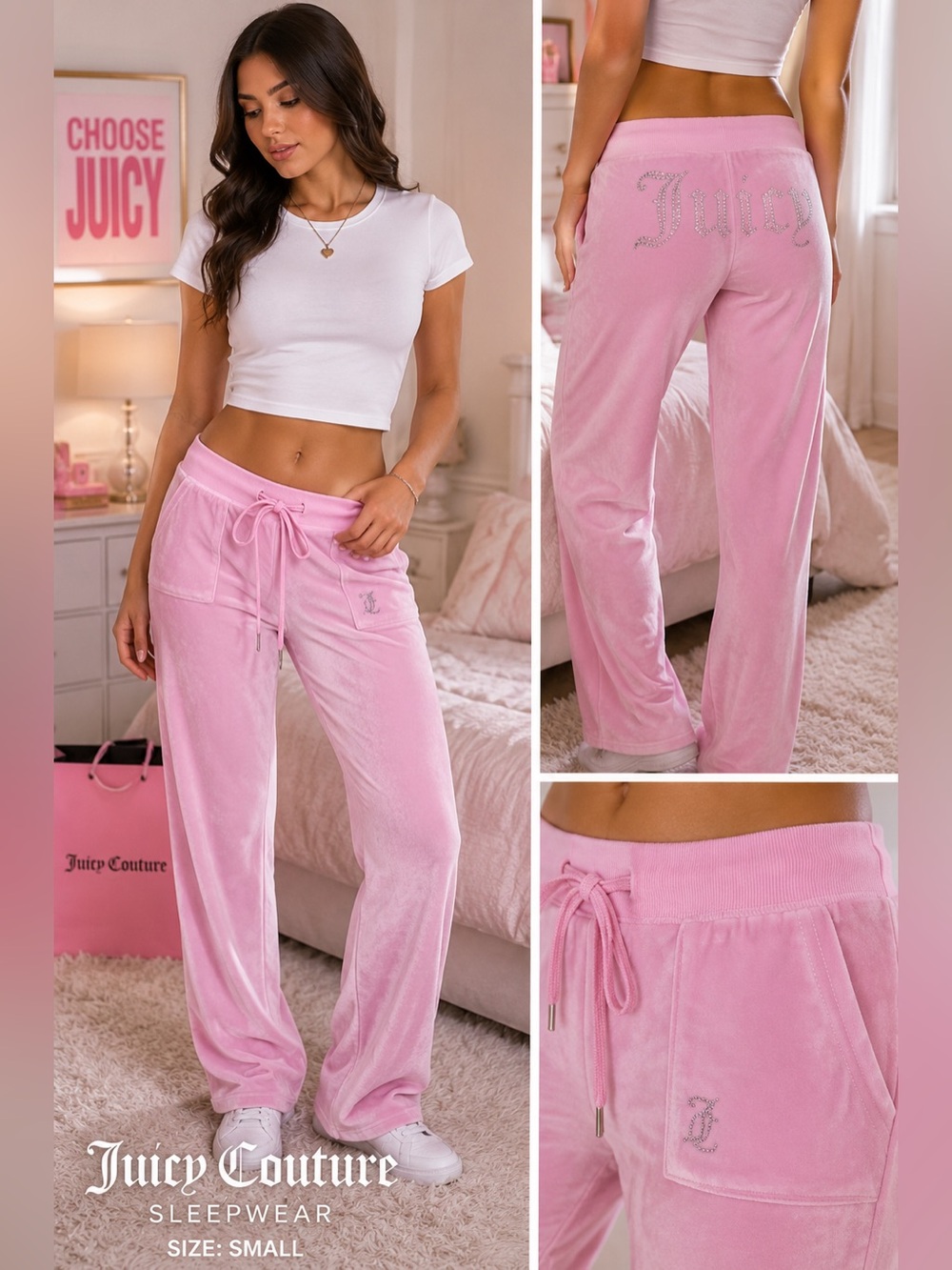 Juicy Couture Pink Velour Rhinestone Logo Lounge Pants Y2K Size Small